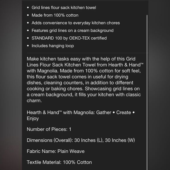 Hearth & Hand NWT Grid Lines Kitchen Towel - Picture 4 of 5